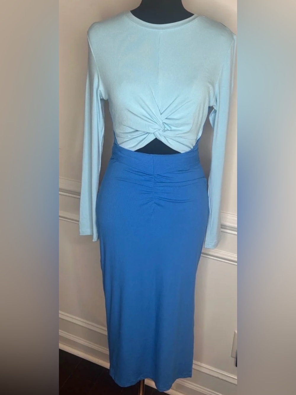 Light Blue Twist Front Long Sleeve Top with Royal Blue Midi Skirt Unbranded S